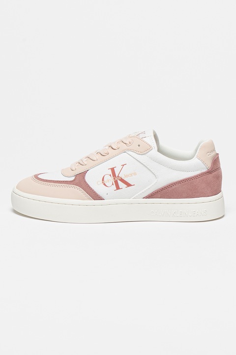 CALVIN KLEIN JEANS, Pantofi sport cu insertii din piele intoarsa, Alb/Roz