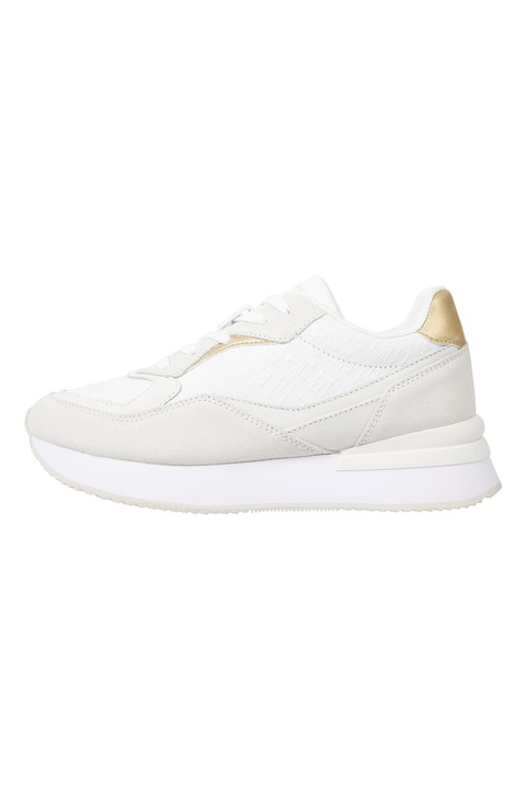 Tommy Hilfiger, Pantofi sport de piele si piele intoarsa, Alb