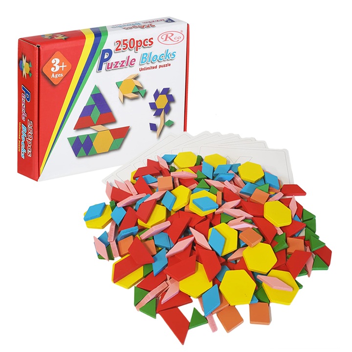 Joc educativ, Tangram cu 250 piese geometrice din lemn si fise de lucru, multicolor, + 3 ani, WD2027-1 RCO