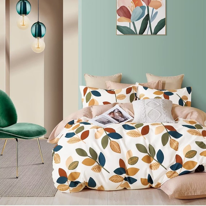 Lenjerie de pat dublu Percalle imprimat Bumbac 100% 4 piese cearsaf pat 240x260 cm, pilota 200x230 cm, 2 fete perne 50x70 cm, Frunze Bej, Pucioasa