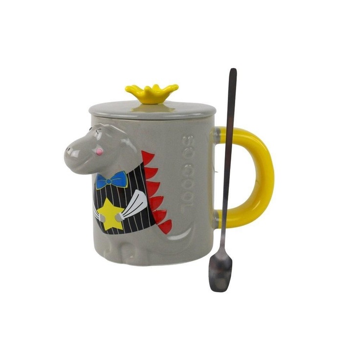 3D dinoszaurusz bögre, Leantoys, szürke, 400 ml, kanalat és fedelet tartalmaz