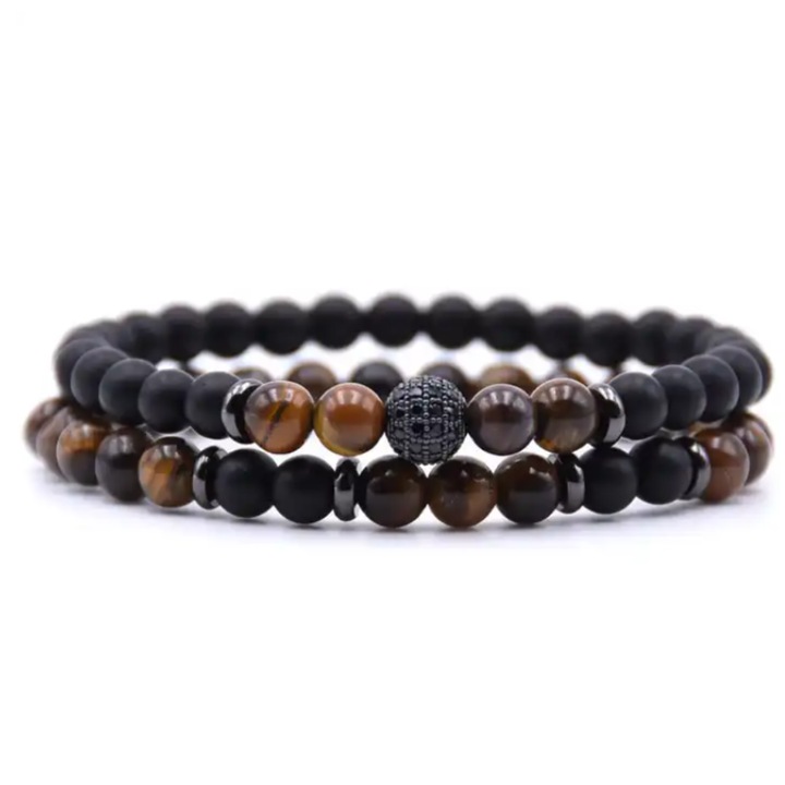 Bratara dubla Vorbeste Sufletul X13, cristale naturale si lava vulcanica, elastica, purtare universala, accesorii metalice, echilibru emotional