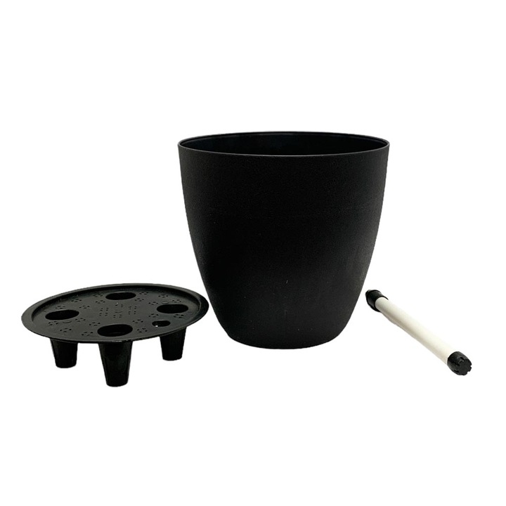 Set ghiveci cu umidificator, JUP, Plastic, Cu suport pentru flori, 22 x 20 cm, Negru