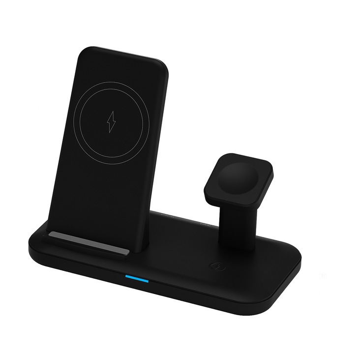 Bolongking 4 az 1-ben vezeték nélküli telefontöltő, 15 W-os Magsafe Qi gyorstöltő, 20 W-os PD gyorstöltő port, okosórával kompatibilis, fejhallgató, okostelefon, fekete