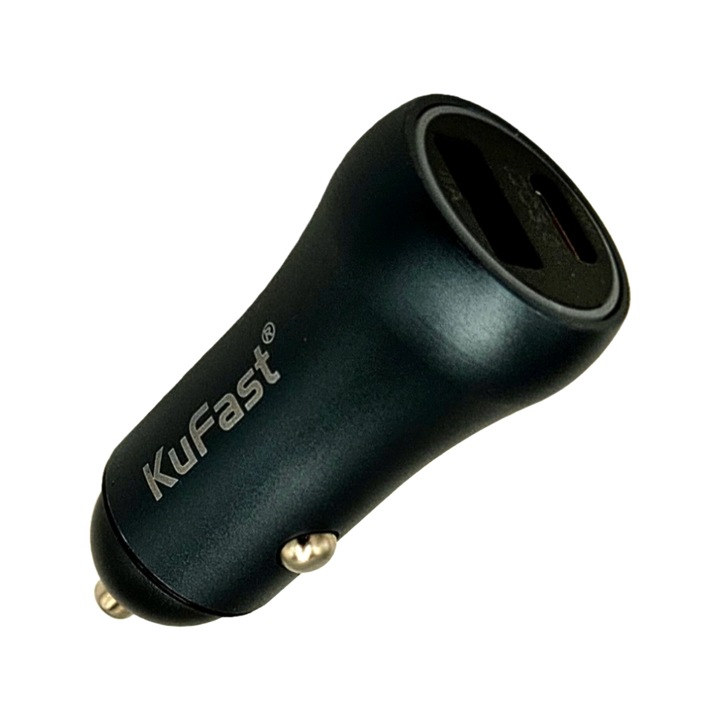 Incarcator auto bricheta KuFast®, 6A, PD 20W + QC3.0, Type C si USB, Dimensiune redusa, Incarcare inteligenta, Protectie marita, Metal, Verde Metalizat