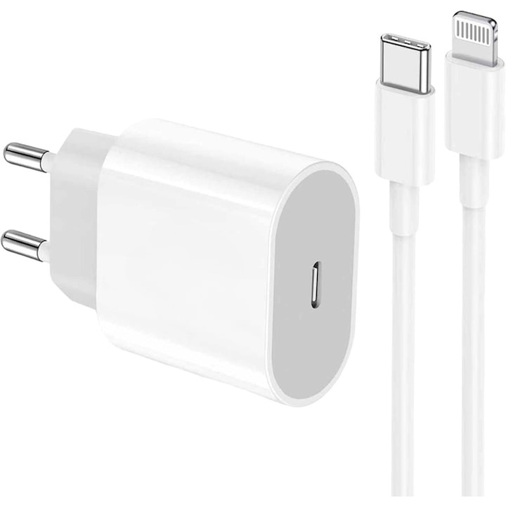 Бързо зарядно устройство 20 W, съвместимо с Apple iPhone 14/13/12/11/Pro/Pro Max/Plus/Pad/AirPods, Type-C, Lightning Data Cable 1m включен, Fast Charge, Staryon®, Бял