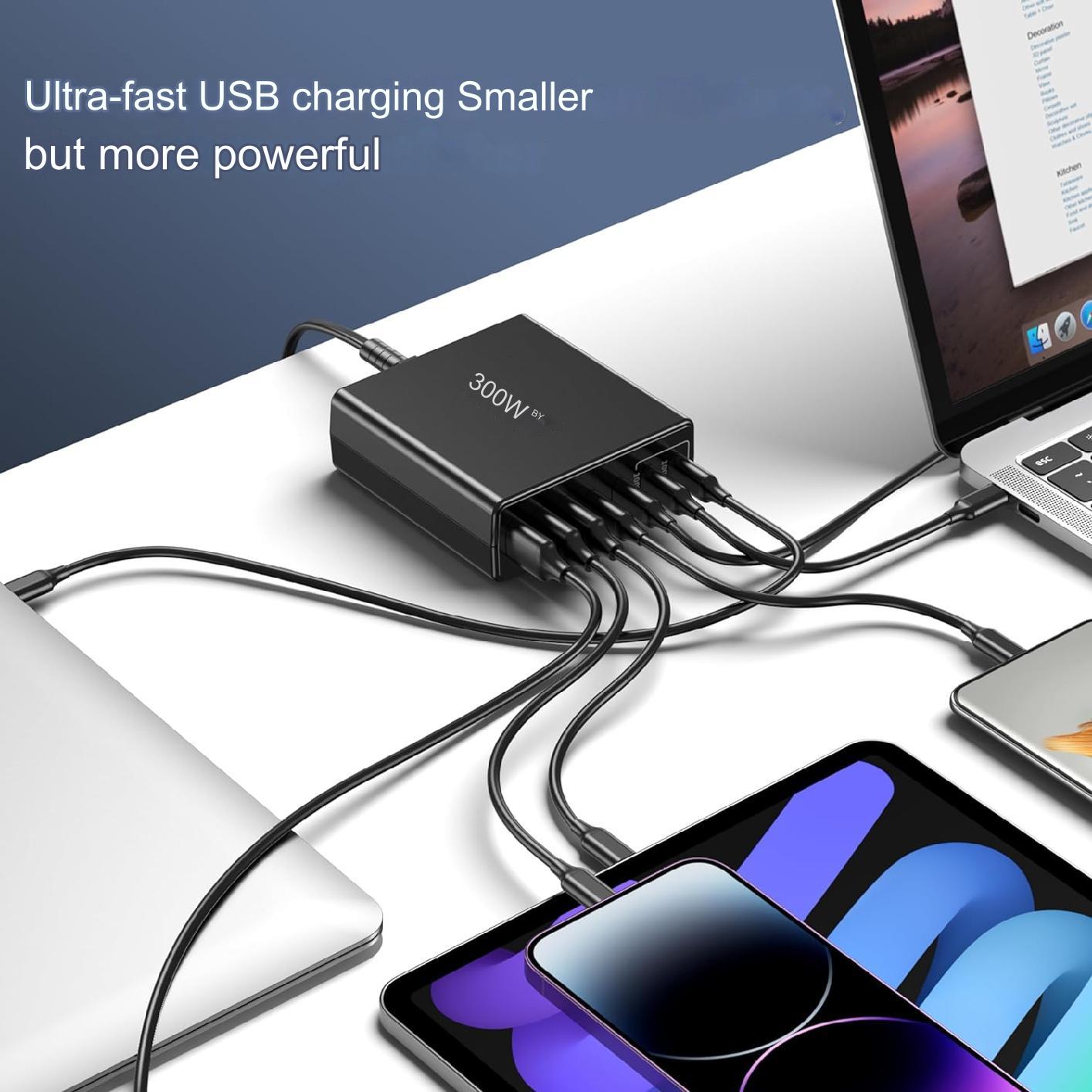 300 W USB C GaN мрежово зарядно устройство, 7-портова зарядна станция ...