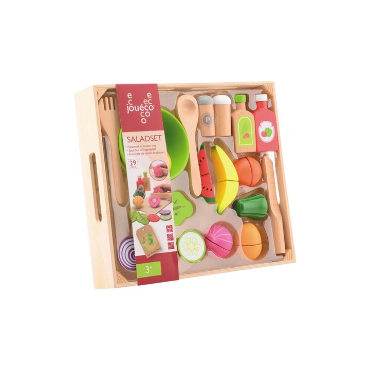 Set jucarie de preparat salata, Joueco, Lemn, 29 de piese, 3 ani+, Multicolor