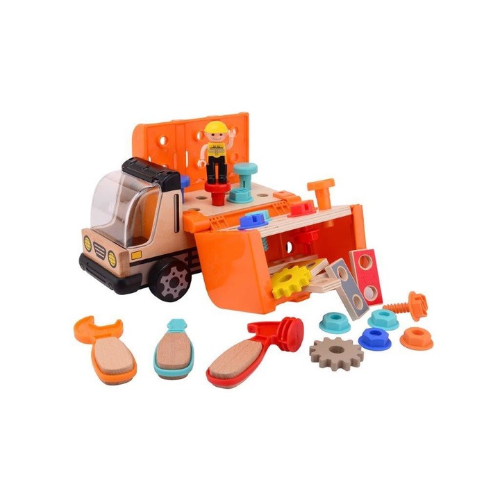 Set camion cu scule de jucarie pentru copii, Joueco, Lemn/Plastic, 3 ani+, Multicolor