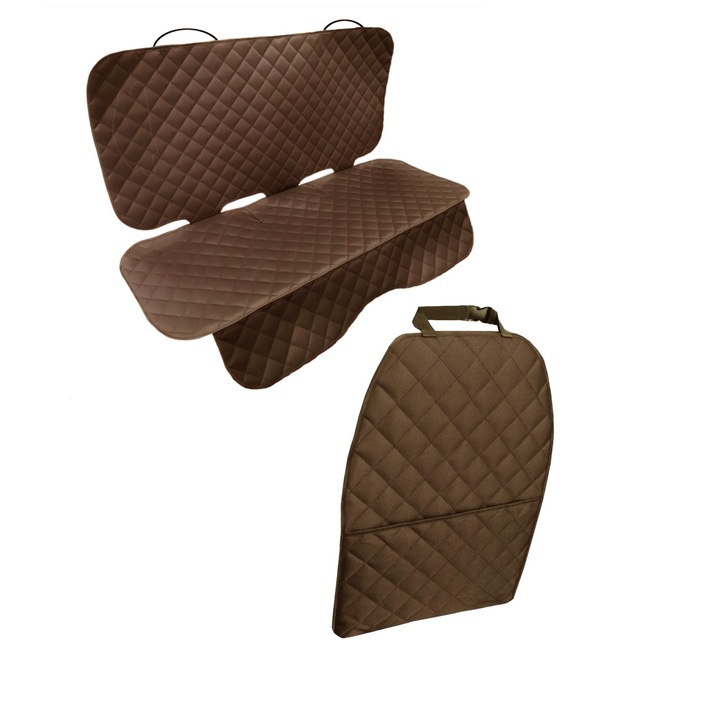 Set 2 protectii auto, matlasate, universale, maro, lavabile, impermeabile, o bucata pentru bancheta din spate si una pentru spatar scaun cu buzunar organizator, Metru Patrat