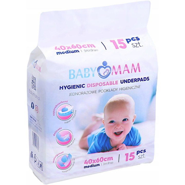 Set 15 aleze impermeabile pentru copii, BabyMam, utilizare multipla, de unica folosinta, masura mediu, dimensiune 40 x 60 cm