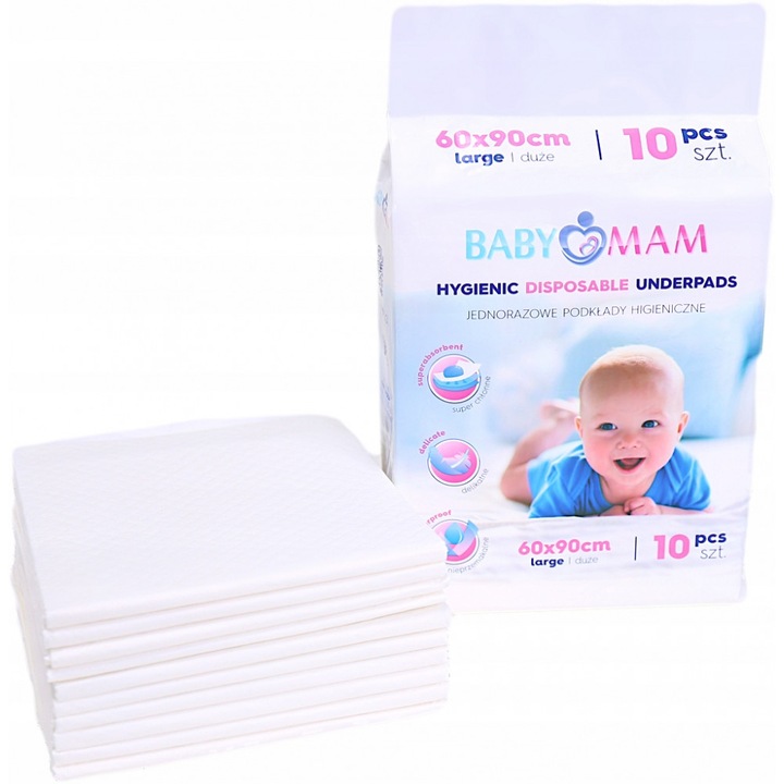 Set 10 aleze impermeabile pentru copii, BabyMam, utilizare multipla, de unica folosinta, masura large, dimensiune 60 x 90 cm