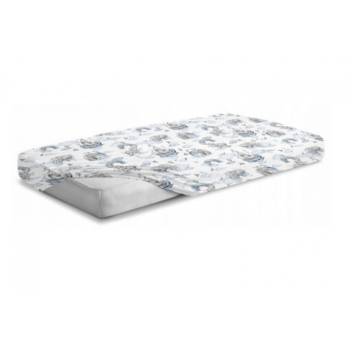 Cearceaf cu banda elastica pentru pat copii dimensiune 120 x 60 cm 100% bumbac, BabyMam Blue Elephant