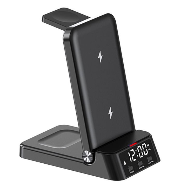 Vezeték nélküli töltő, 4 az 1-ben töltőállomás, Qi gyorstöltés 25 W, digitális óra, ébresztő, kompatibilis Apple Watch Series 2-7, Airpods 2/3/Pro és iPhone, Samsung, Galaxy Buds 2/Pro, Huawei, Xiaomi, USB C típusú, fekete