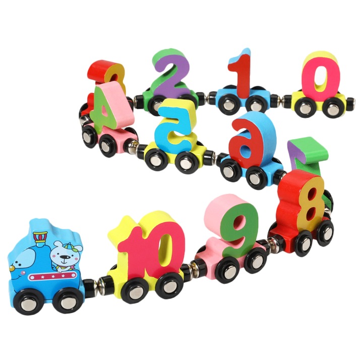 Trenulet din lemn cu vagoane magnetice cu numere si sofer