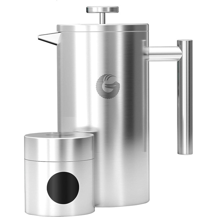 Cafetiera cu piston French Press 8 cesti, presa franceza cu perete dublu, capacitate 1 litru, din otel inoxidabil, cu recipient de depozitare cafea, argintiu
