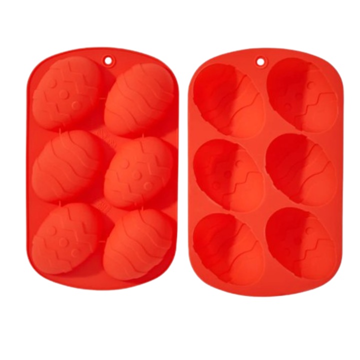Forme de ou din Silicon cu 6 cavitati pentru Praline de Ciocolata, Bomboane, Jeleuri, Mousse, forme de copt prajituri, Set 2 bucati, Rosu