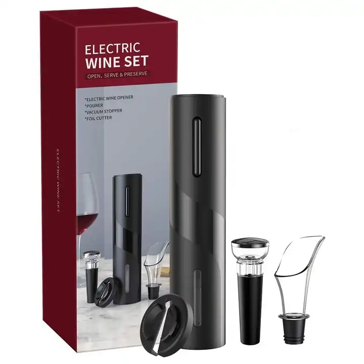 Set tirbuson electric de sticle de vin, Deschizator electric cu taietor de folie, dop cu pompa de vid, turnator antipicurare Premium, Multifunctiona, l Negru