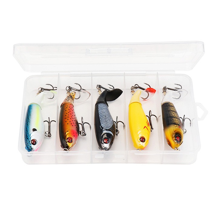 Set 5 voblere Whopper Plopper 10 cm 16.8 g – momeli artificiale suprafata cu coada rotativa, voblere topwater pentru pescuit la stiuca, somn si salau, atractie sonora, longcast