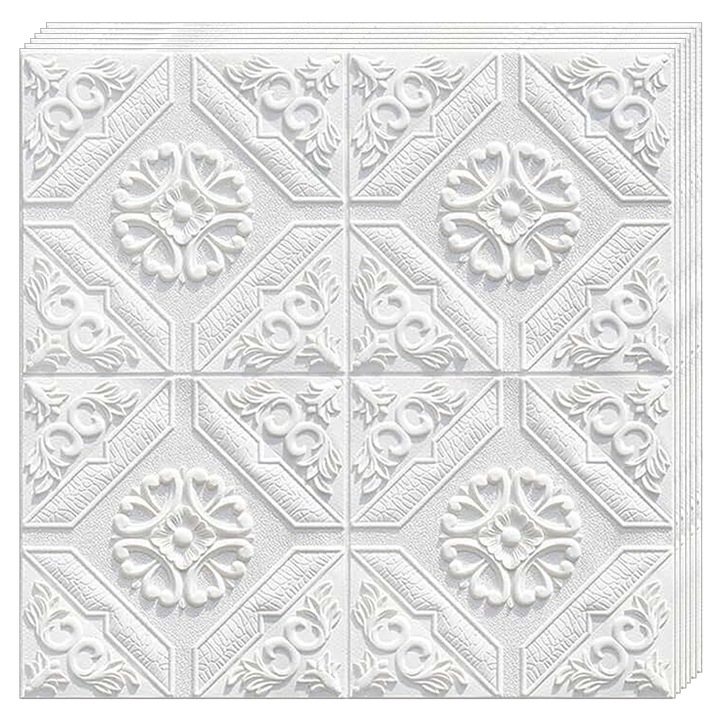 Set 10x Tapet 3D Teno®, suprafata acoperire 4.9 mp, autoadeziv, Model Floral Carou, perete/tavan, waterproof, usor de montat, design modern, 70x70 cm, alb