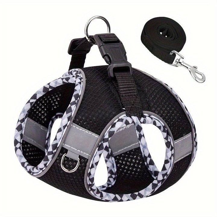 Комплект колан и каишка QuTek с подплатена жилетка, дишаща мрежа, мека и удобна, отразяващ дизайн за безопасно пътуване през нощта, за кучета и котки, S, черен