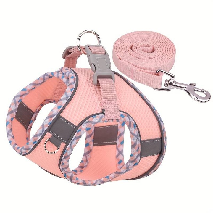 Комплект колан и каишка QuTek с подплатена жилетка, дишаща мрежа, мека и удобна, отразяващ дизайн за безопасно пътуване през нощта, за кучета и котки, M, розов