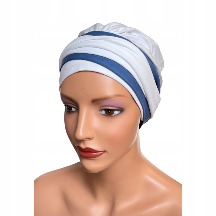 Turban pentru femei, Eva Design, Bumbac, Alb/Albastru, One Size