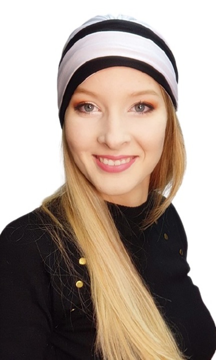 Turban elegant pentru femei Eva Design, din bumbac premium 100%, reversibil alb-negru, versatil, confortabil, respirabil, ideal protectie solara, accesorii fashion sau discret caderea parului, marime universala 54-61 cm, perfect pentru