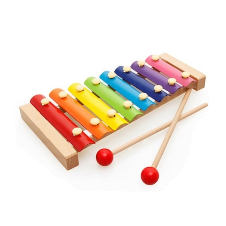 Flippy xilofon hangszer, fa, 8 hangjegy, 2 ütős bot, 4-6 éves, többszínű