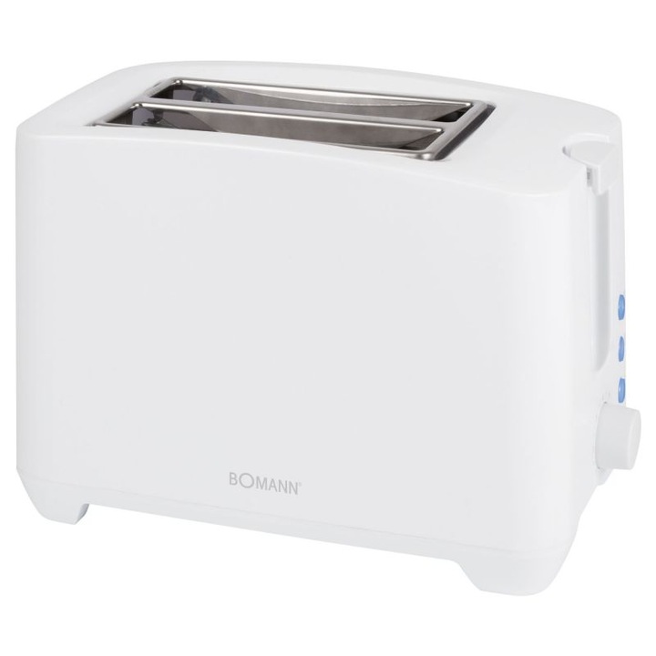 Bomann kenyérpirító, TA6065CBW, 750W, 2 szelet, 7 fokozat, kiolvasztás, barnítás, melegítés, kenyérszeletekhez, bagelekhez, zsemlemelegítő tartozékkal, hideg érintőtok, fehér