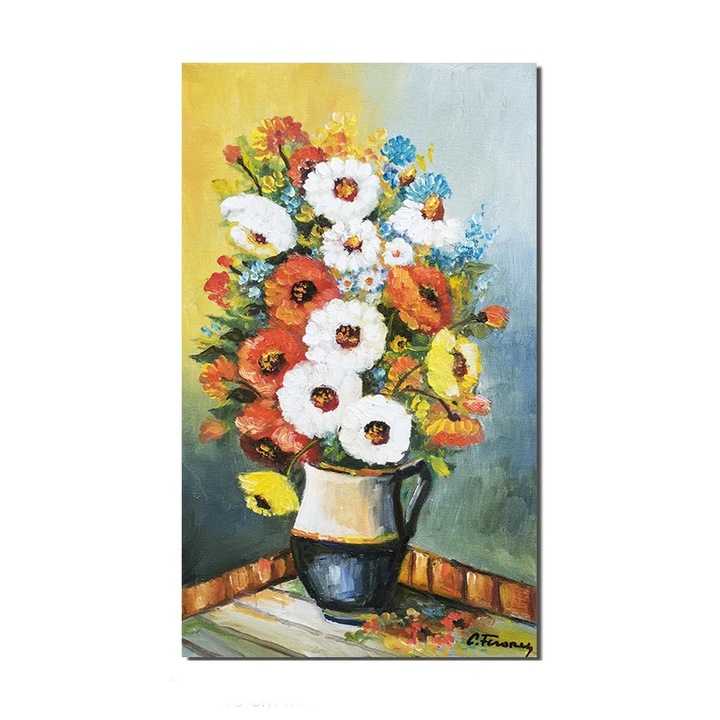 Tablou pictat manual, Carafa cu maci, anemone si albastrele, 50x30cm ulei pe panza, gata de agatat pe perete