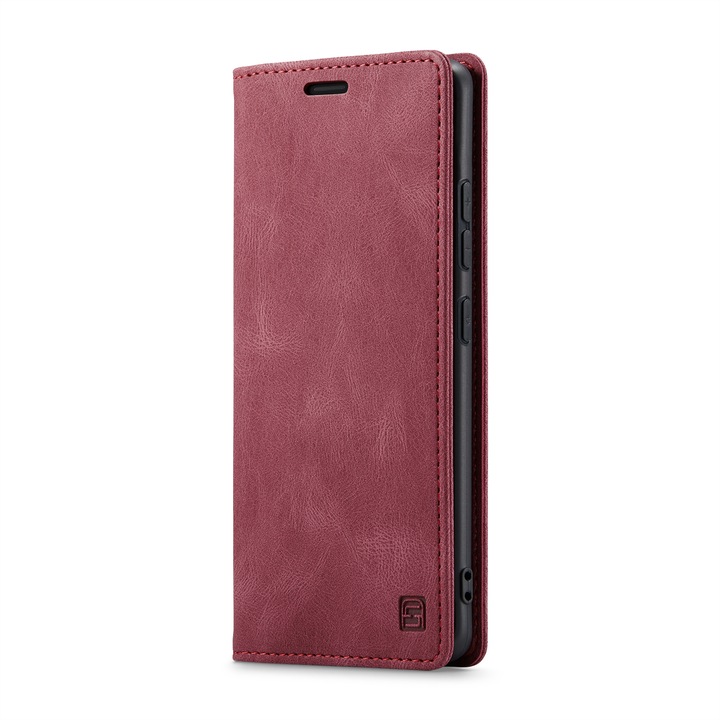 Калъф за Samsung Galaxy S24, CaseMe Retro, slim кожен, тип портфейл, стойка, магнитно закопчаване, мека текстура, RFID защита, Червено