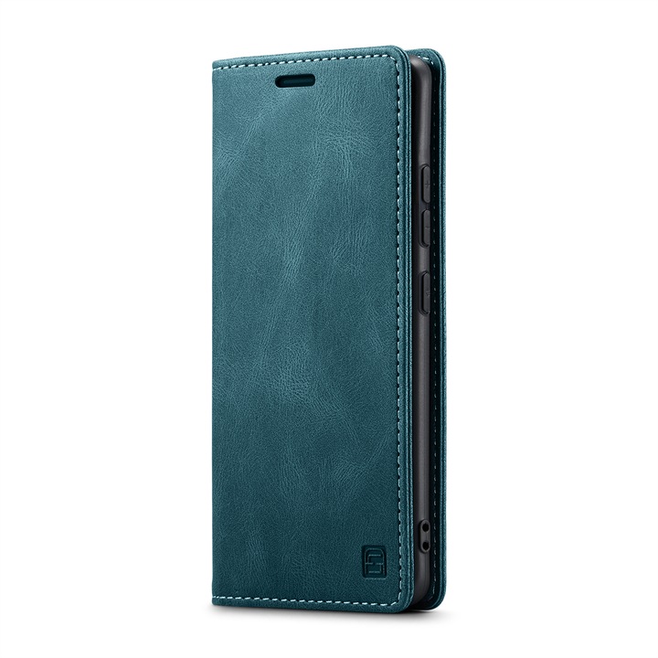 Калъф за Samsung Galaxy S24, CaseMe Retro, тънък, кожен, тип портфейл, стойка, магнитно закопчаване, мека текстура, RFID защита, Син