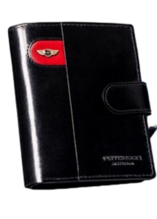 Portofel Barbati, Peterson, 12.5x9.5x3 cm, Piele Naturala, Protectie RFID, Inchidere Cu Capse, 14 Compartimente Pentru Carduri, 3 Compartimente Pentru Bancnote, 1 Compartiment Pentru Monede, Orientare Verticala, Negru