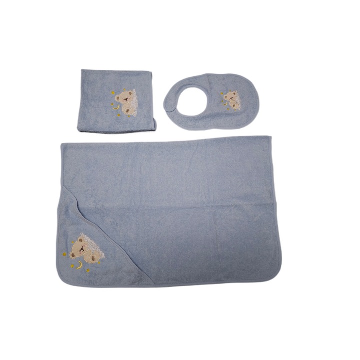 Бебешки комплект за баня, хавлия с качулка 100х100 см, хавлия 30х50 см и лигавник 3 части 100% памук, син