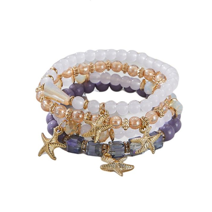 Set 4 bratari dama, bijuterii boeme multicolore pentru femei, bratari delicate, elasticitate, Violet/auriu/alb