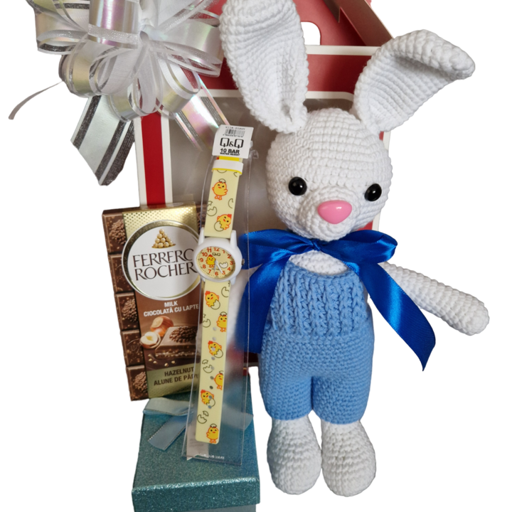 Pachet cadou pentru copii, cu ceas Q&Q V22A-018VY, jucarie Iepuras Handmade, ciocolata Ferrero Rocher, cutie decorativa