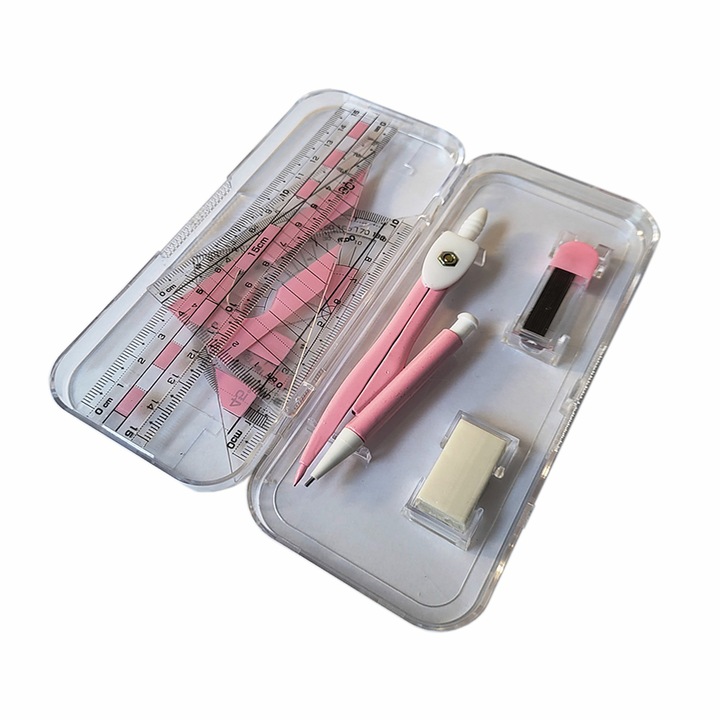 Trusa geometrie plastic 7 piese, cu compas metalic, roz