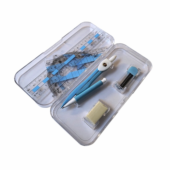 Trusa geometrie plastic 7 piese, cu compas metalic, albastra