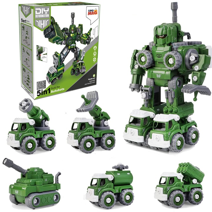 Robot Transformer DIY in 5 Masini Militare, Linomag®, Vehicul artilerie, Tun cu apa, Lansator de rachete, Sistem radar, Tanc, Surubelnita Inclusa, + 3 Ani, Verde, 31.5x15.7x21.6cm