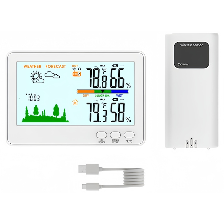 Vezeték nélküli meteorológiai állomás, beltéri és kültéri digitális hőmérő és páratartalommérő, időjárás előrejelzés,5 hüvelykes LCD kijelző,10 másodperces olvasás, professzionális tartomány, fehér