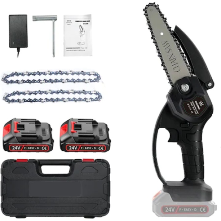 Мини верижен трион 6 инча 1500 вата 2 батерии 2 вериги с черна преносима кутия за инструменти