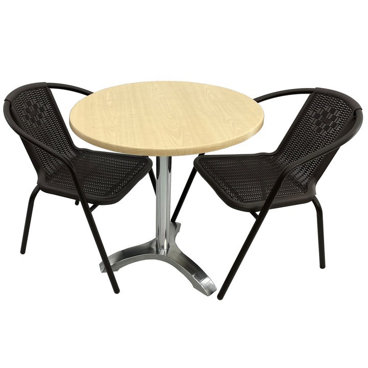 Set 2 scaune CAMPMAN maro cu masa rotunda D70cm AGMA HORECA MAPLE cu blat werzalit si picior aluminiu