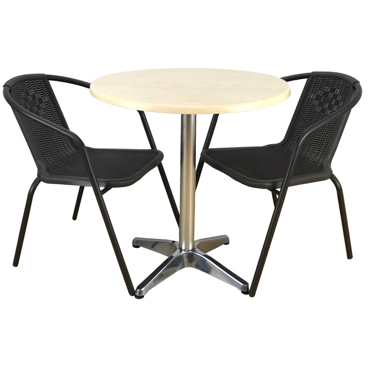 Set 2 scaune CAMPMAN maro cu masa rotunda D70cm AGMA HORECA MAPLE cu blat werzalit si baza aluminiu