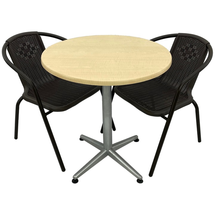 Set 2 scaune CAMPMAN maro cu masa rotunda D70cm AGMA HORECA MAPLE cu blat werzalit si baza gri clasic