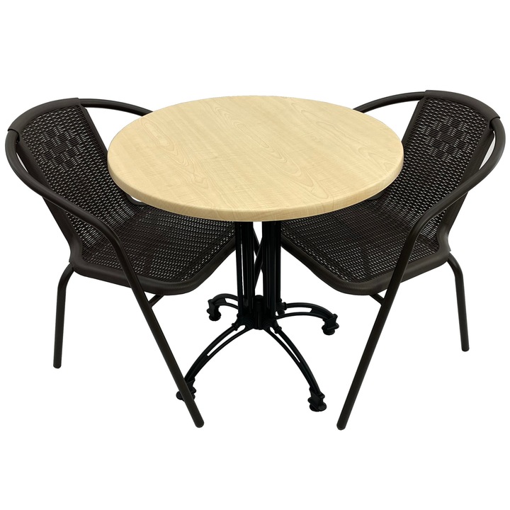 Set 2 scaune CAMPMAN maro cu masa rotunda D70cm AGMA HORECA MAPLE cu blat werzalit si picior negru retro