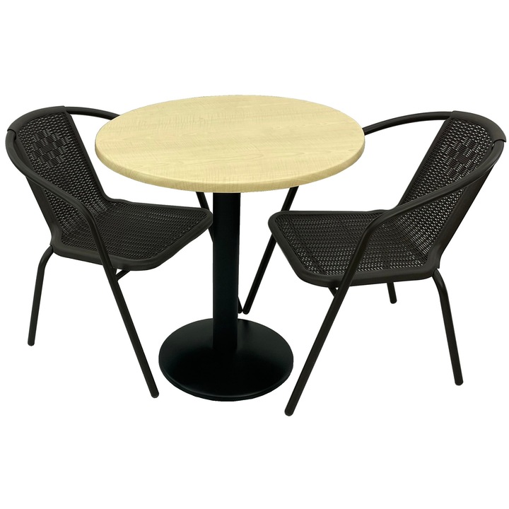 Set 2 scaune CAMPMAN maro cu masa rotunda D70cm AGMA HORECA MAPLE cu blat werzalit si baza metalica neagra