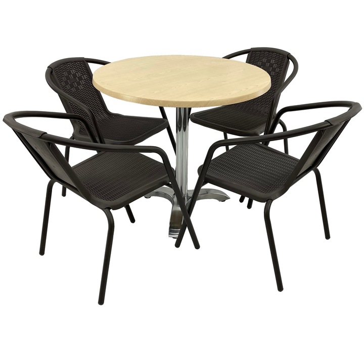 Set 4 scaune CAMPMAN maro cu masa rotunda D80cm AGMA HORECA MAPLE cu blat werzalit si picior aluminiu