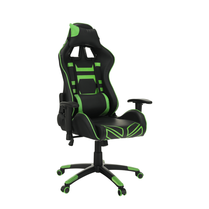 Scaun de birou, gaming, verde/negru, cu roti, inaltime ajustabila, cu perna la nivelul capului/lombar, tetiera detasabila, cu balans, 62x78x120-130 cm, Bortis