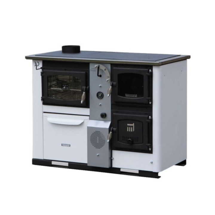 Soba pe lemne tip centrala Tamara 25 kw, alb gri, evacuare stanga